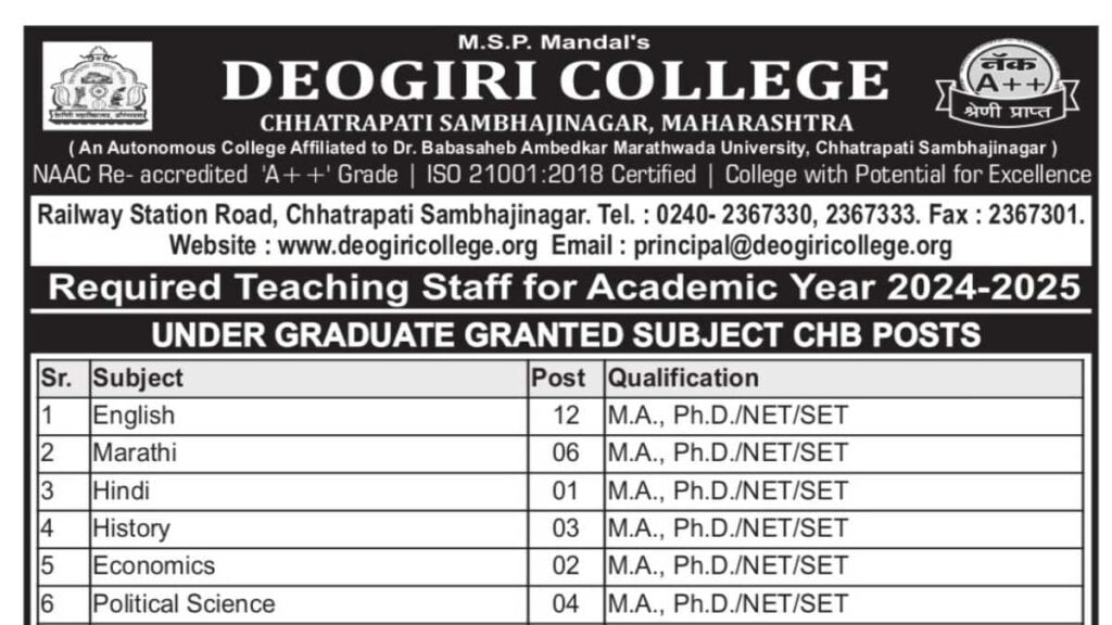 Deogiri College Maharashtra Job