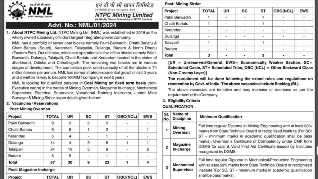 NTPC Mining Govt Job