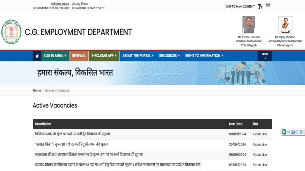 CG Employment Department Active Vacancies